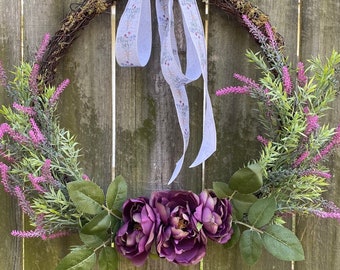 Lavender twig wreath, mauve roses wreath, minimalist wreath, floral wreath, twig wreath with moss