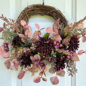 Burgundy mum and eucalyptus wreath for front door, mauve floral grapevine, front door wreath