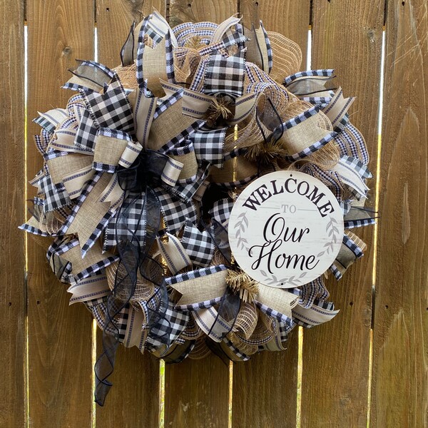 Welcome wreath for front door, buffalo plaid farmhouse wreath, beige and black front door wreath