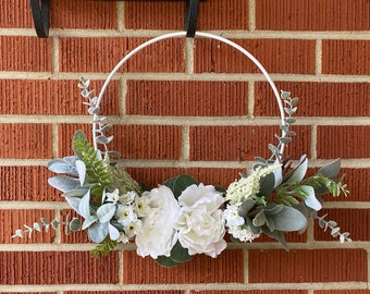 Floral Hoop Wreath, Neutral Nursery Decor, Roses and Lambs Ear