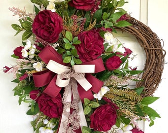 Burgundy red roses wreath, elegant floral wreath, year round wreath, burgundy and cream wreath for front door