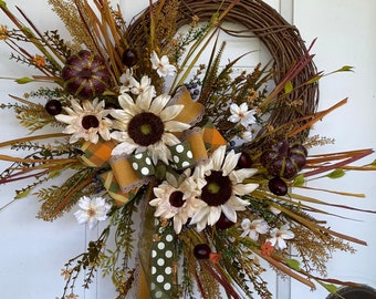 Fall sunflower and pumpkin wreath, fall garden wreath, neutral wreath for fall, large fall wreath