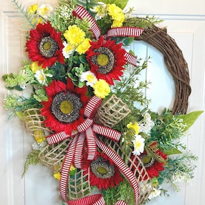 Red Sunflower wreath, front door wreath, Sumflower home decor