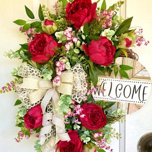 Peony wreath for front door, floral grapevine wreath, farmhouse wreath, welcome door wreath, housewarming gift, Mother’s Day gift