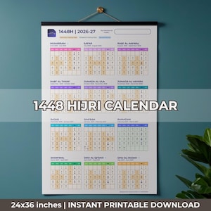 Könnte beinhalten: Ein druckbarer Hijri-Kalender (61x91 cm) für 2026-27, der die Monate des islamischen Kalenders anzeigt. Der weiße Kalender hat farbige Monatsüberschriften und den Text "1448 HIJRI CALENDAR".