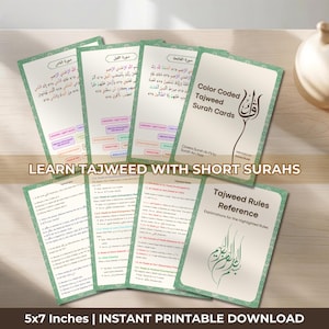 May include: A collection of color-coded Tajweed Surah cards, featuring Arabic text and English explanations. The cards are 5x7 inches and designed for learning Tajweed with short Surahs. The image includes the text "Learn Tajweed with Short Surahs".