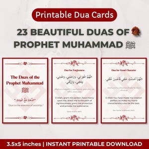 Puede incluir: Tarjetas Dua imprimibles con 23 hermosas Duas del Profeta Muhammad. Las tarjetas miden 8,89 x 12,7 cm y están disponibles para descarga instantánea. Cada tarjeta tiene un borde granate e incluye texto árabe y traducciones al inglés.