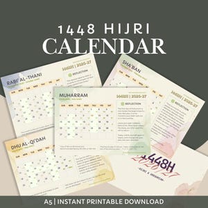 Op de afbeelding: Een verzameling afdrukbare A5 Hijri-kalenders voor de jaren 2026-2027, met maandelijkse lay-outs met data en reflecties. De kalenders zijn in verschillende kleuren en bevatten de tekst "1448 HIJRI CALENDAR".