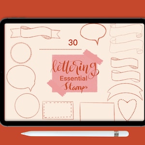 May include: A digital tablet screen displaying 30 lettering stamps. The stamps are in a variety of shapes, including circles, squares, banners, and speech bubbles. The text "lettering Essential Stamps" is displayed in a pink box.