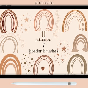 May include: A digital illustration of 11 rainbow stamps and 7 border brushes in a warm colour palette. The image shows a tablet screen with the text "11 stamps 7 border brushes" displayed on the screen.