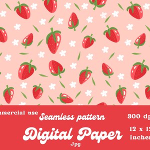 Strawberry digital paper Commercial use craft Paper scrapbooking product Design Red Pink modern summer