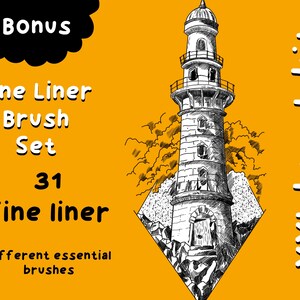 Könnte beinhalten: Ein Set mit 31 feinen Liner-Pinseln für digitale Kunst. Das Bild zeigt einen Leuchtturm, der in Schwarzweiß vor einem gelben Hintergrund gezeichnet ist. Der Text "Fine Liner Brush Set" und "31 fine liner" ist ebenfalls im Bild enthalten.