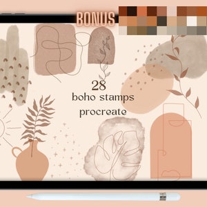 以下が含まれることがあります： Procreate 用の 28 個のボヘミアンスタイルスタンプのデジタルイラスト。スタンプには、抽象的な形、葉、太陽が描かれています。画像の中央には「28 boho stamps procreate」というテキストがあります。