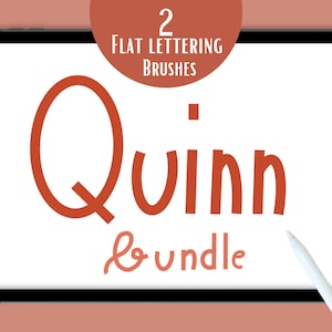 May include: A digital tablet shows the words "Quinn bundle" in a handwritten style, with "Quinn" in a large, bold, orange font. The text "2 Flat Lettering Brushes" is in a circular orange banner at the top. A white stylus is on the right.