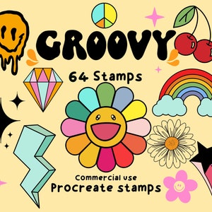 Juego de sellos Groovy Procreate 64 sellos Elementos retro Uso comercial flores sonrientes elementos funky Y2K
