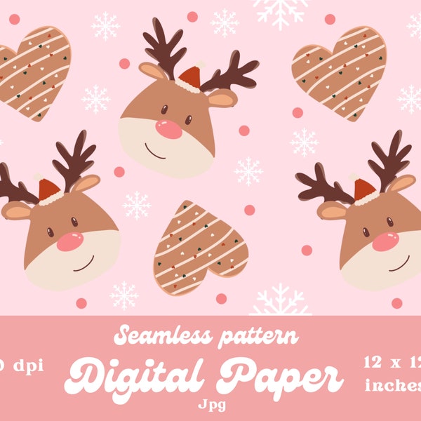 Rentier Christmas Designer Paper cute Christmas Seamless pattern product design Instant Download 12 by 12 Inches Snow and cookies