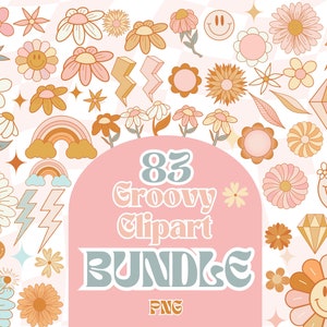 Groovy Clipart Bundle flowers Pastell pink Funky Elemente, Hippie Blumen, Retro Elemente Smileys 83 png y2k commercial use