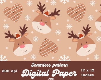 Rentier Christmas Designer Paper cute Christmas Seamless pattern product design Instant Download 12 by 12 Inches Snow and cookies