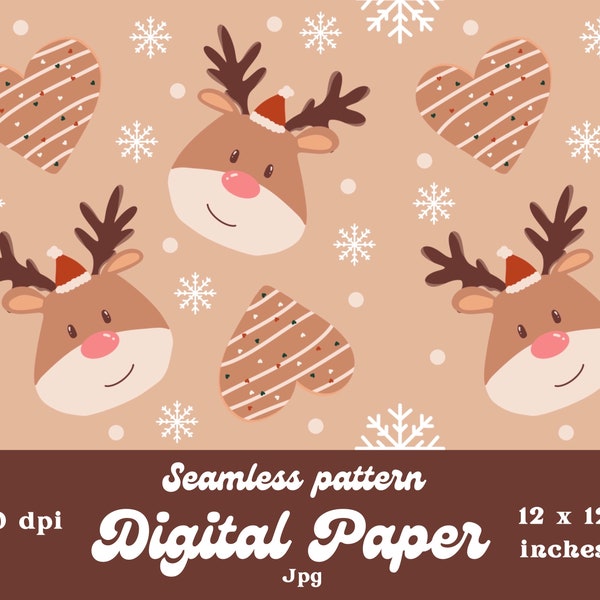 Rentier Christmas Designer Paper cute Christmas Seamless pattern product design Instant Download 12 by 12 Inches Snow and cookies