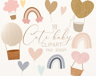 Hot air balloon Clipart set  Baby Pastell Brown gender neutral babyshower Elements png Set 18 elements 300 dpi insant  Download