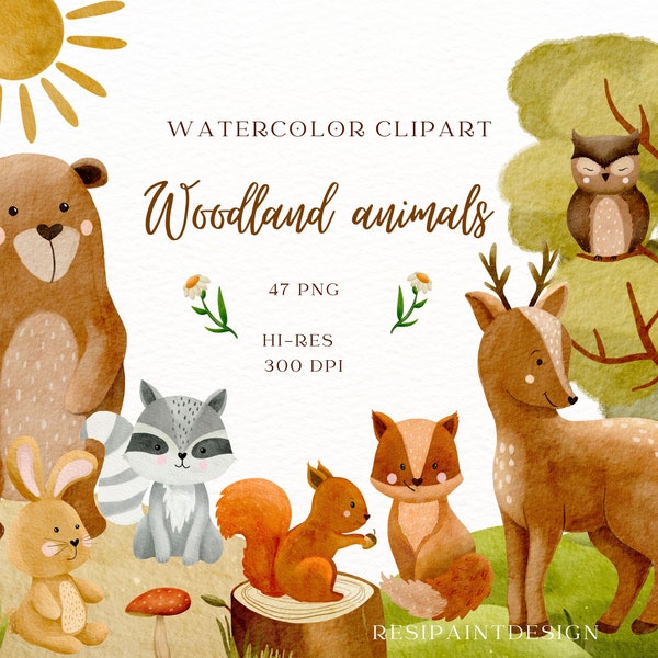 Woodland animals watercolor clipart 47 png Bär Reh, Fuchs Eule Hase handdrawn elements Nursery Babyshower commercial use (need licenze)