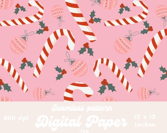 Candy cane Christmas Designer Paper cute Christmas Seamless pattern product design Instant Download 12 by 12 Inches  Christmas tree ball