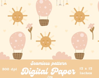 Hot air balloon Baby Designer Paper cute Pastell Kids Seamless pattern product design Instant Download 12 by 12 Inches yellow girl sun