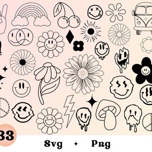 Groovy svg png Elementos arquivos cortados funky y2k Design flores hippie Smileys bacanas Retro
