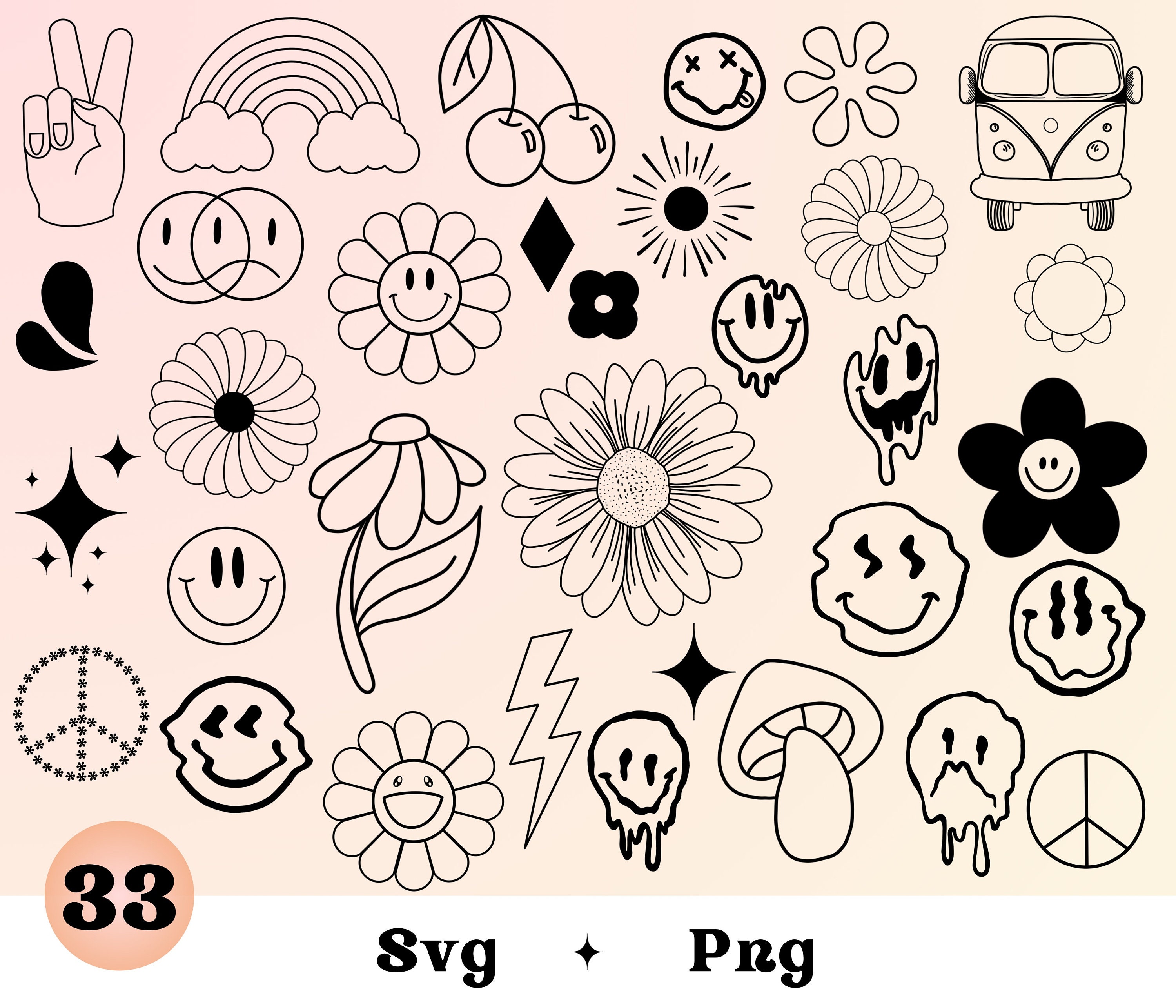 Groovy svg png Elements cut files  funky y2k Design flowers hippie Groovy smileys Retro