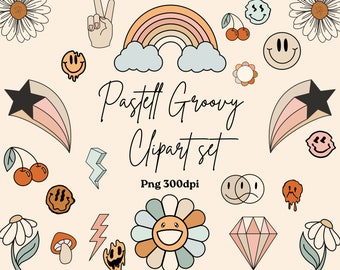 Groovy Clipart Set Pastell Funke Elemente, Hippie Blumen, Retro Elemente Smileys 25 png y2k