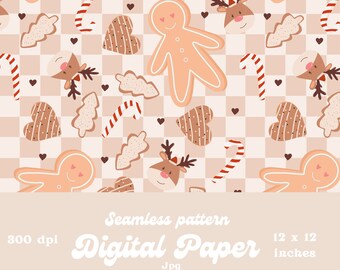 Gingerbread Boy checkered Christmas Designer Paper cute Christmas Seamless pattern product design Instant Download 12 by 12 Inches