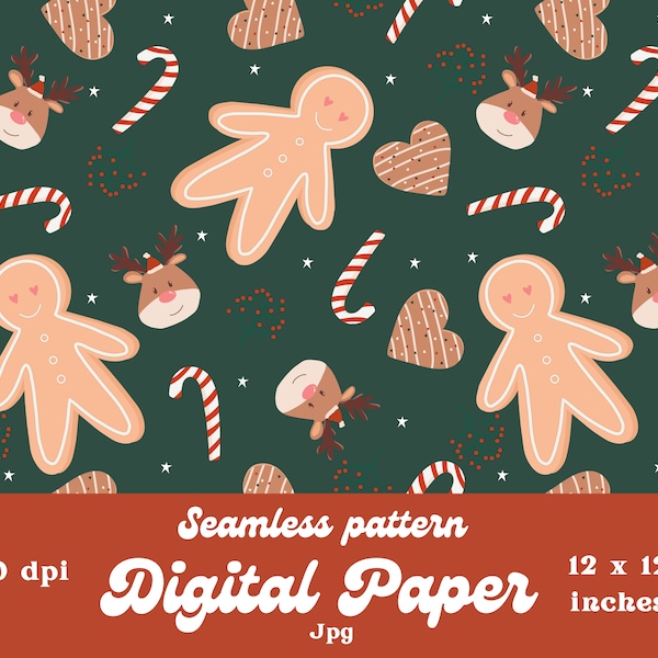 Gingerbread boy Christmas Designer Paper cute Christmas Seamless pattern product design 12 by 12 Inches Candy cane Rentier weihnachtskekse