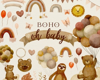 Boho baby watercolor clipart 37 png handdrawn elements Nursery babyshower Gender neutral bear ballons sloth rainbows earthy