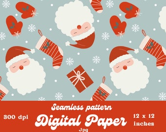 Santa Designer Paper cute Christmas Seamless pattern product design Instant Download 12 by 12 Inches Snow gloves winter Christmas socks gift