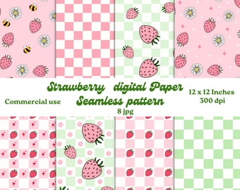 Strawberry Daisy digital Paper, Seamless pattern Commercial use funky scrapbooking craft Paper Pink Green Pastell Summer  Y2K