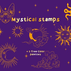 Może przedstawiać: Mistyczne znaczki z kotem z trzecim okiem, wężem, rosnącym księżycem, słońcem z twarzą i chmurami. Tekst "Mystical stamps" i "+ 2 darmowe palety kolorów" jest również zawarty.