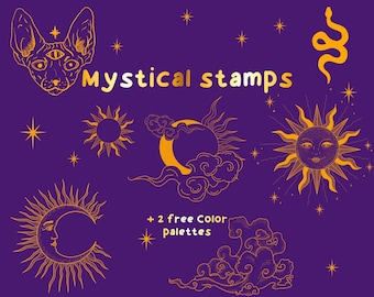 Mystical celestial Procreate stamps, Tarot sun and moon  free Color palettes Gold , Silver