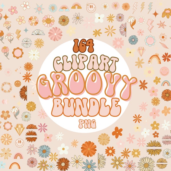 Groovy flowers Clipart Bundle 164 png Elements Pastell pink Funky Elemente, Hippie Blumen, Retro Elemente Smileys rainbow y2k commercial use