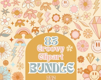 Groovy flowers Clipart Bundle Pastell pink Funky Elemente, Hippie Blumen, Retro Elemente Smileys 83 png y2k commercial use