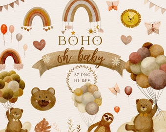 Boho baby clipart watercolor 37 png handdrawn elements Nursery babyshower Gender neutral bear ballons sloth rainbows earthy
