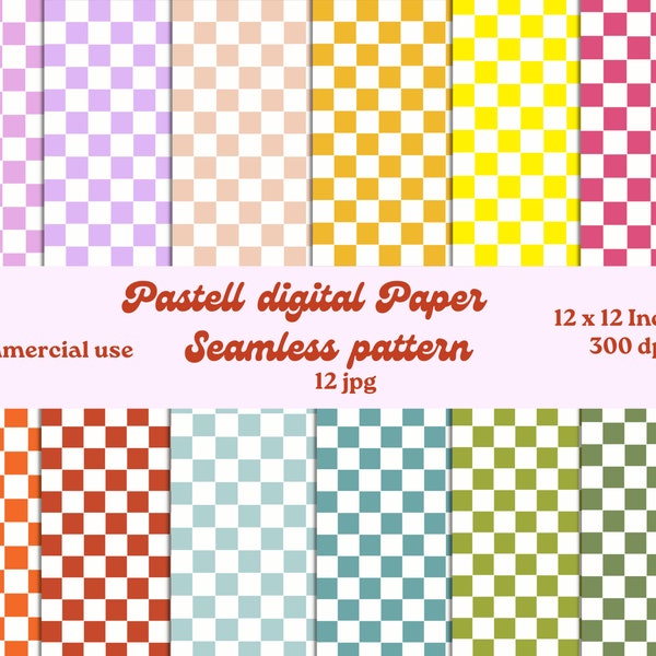 Pastell colorful checkered digital Paper, Seamless pattern Commercial use funky scrapbooking craft Paper Green blue Pink Red yellow