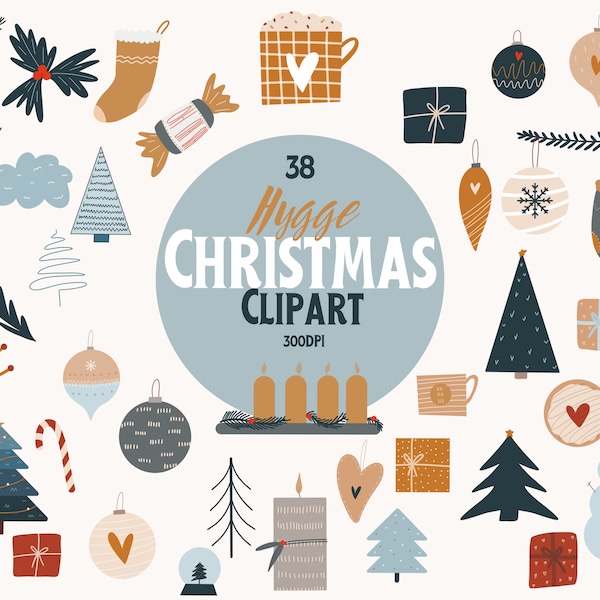 Christmas Clipart hygge cute cozy tree Gifts Clipart set 38 png elements Illustration Nordic