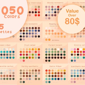 May include: A digital illustration of 35 color palettes with 1050 colors. Each palette has a name and a number of colors. The text "Value Over 80$" is in a circle in the upper right corner of the image.