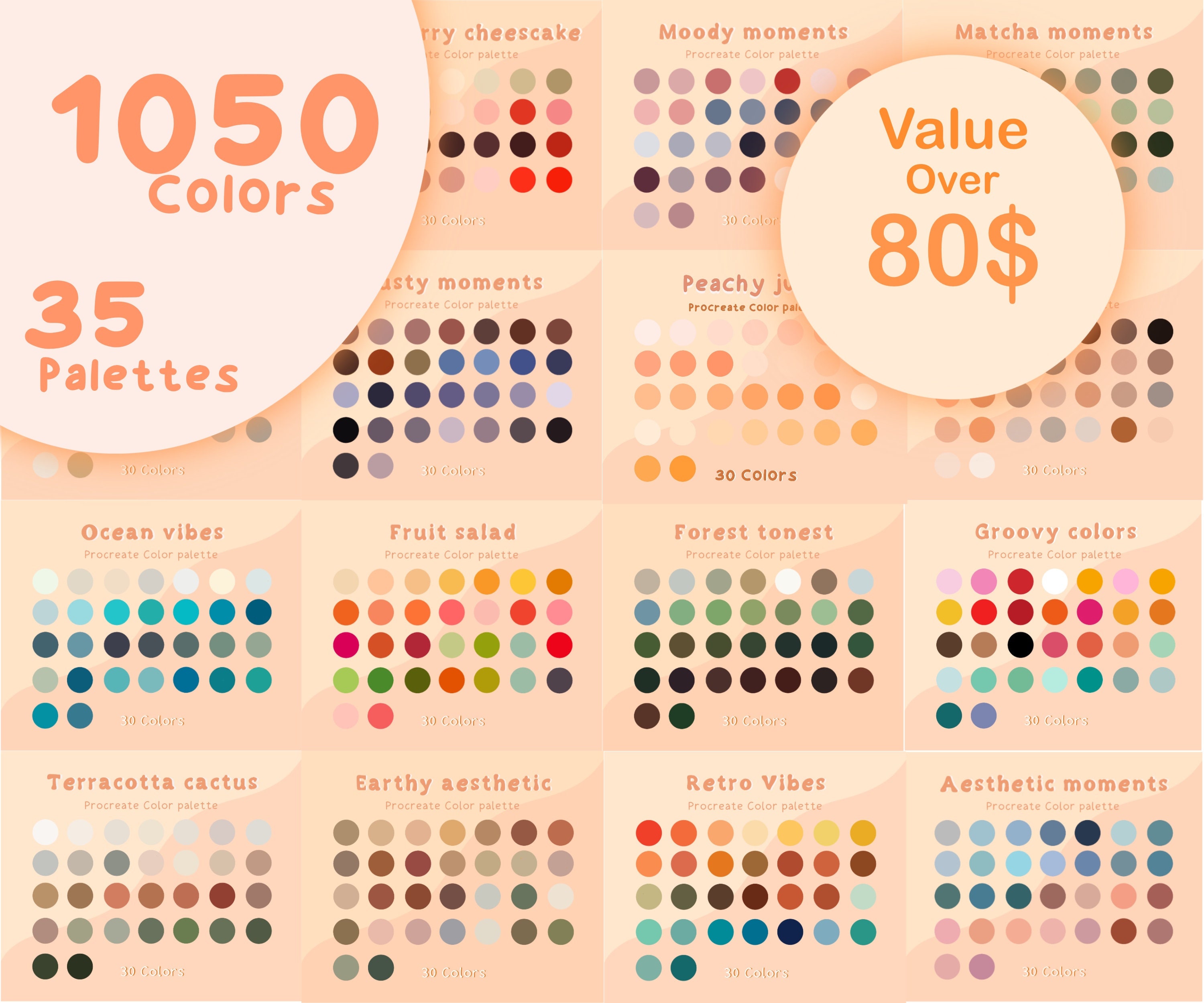 Megabundle de paletas para Procreate XXL – 1.050 colores esenciales, 35 sets de muestras curadas