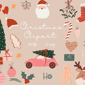 Weihnachtscliparts niedlicher gemütlicher Weihnachtsmann-Baum-Geschenke-Clipart-Set 32 png-Elemente Illustration