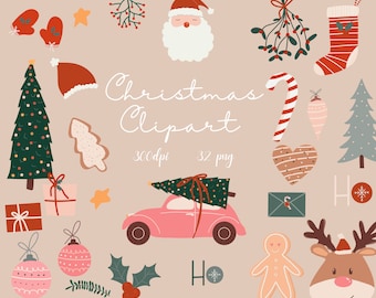 Christmas Clipart cute  cozy santa tree Gifts Clipart set 32 png elements Illustration