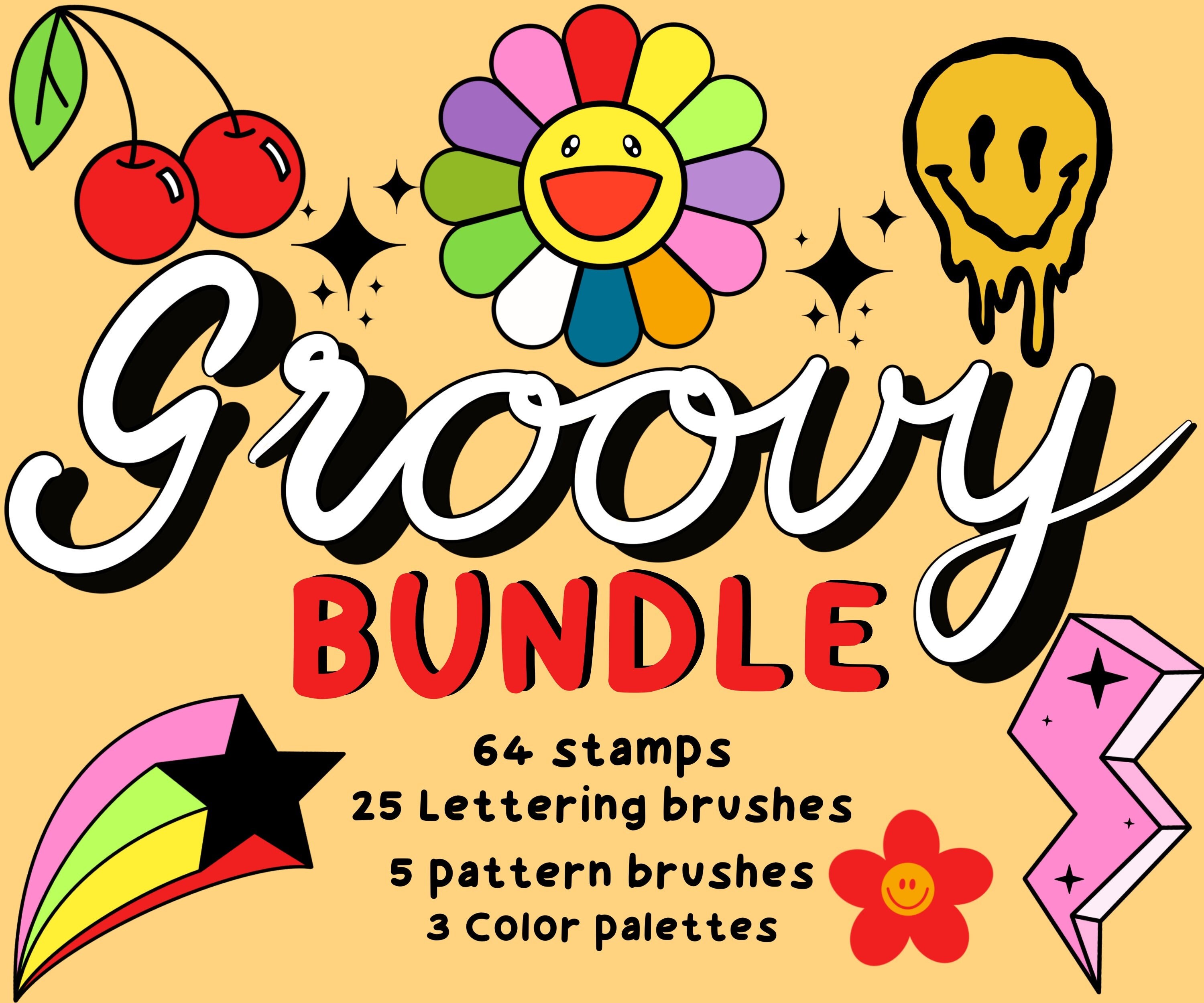 Procreate Retro Bundle Groovy Elements Stamps Flowers Lettering Brushes ...