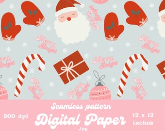 Santa Designer Paper cute Christmas Seamless pattern product design Instant Download 12 by 12 Inches Snow gloves Groovy merry and bright