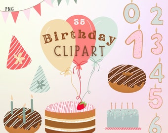Birthday Clipart Kids Pastell Pink Blue number candles Birthday invitation Elements Birthday cake  Donut 35 png