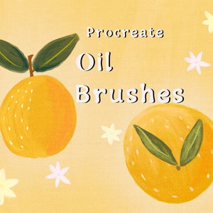 May include: Illustration of two stylized oranges with green leaves and white flower accents on a yellow background. The text "Procreate Oil Brushes" is displayed in white, indicating digital art tools.
